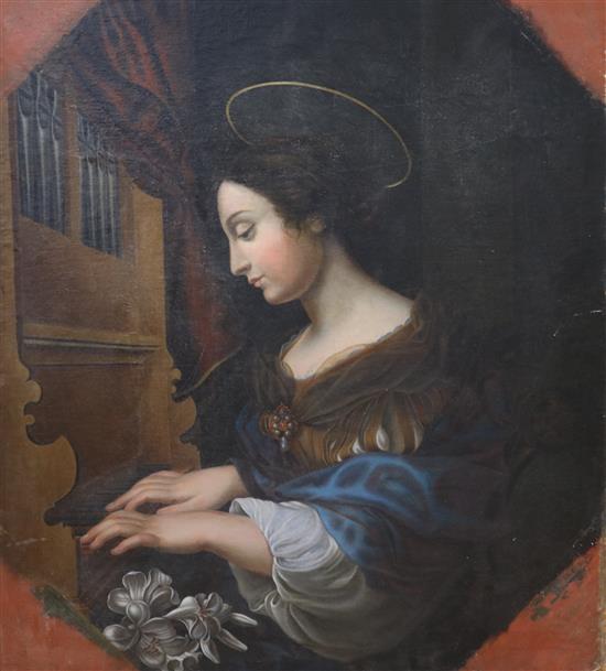 After Carlo Dulci St. Cecilia, oil on canvas laid on board, Angel playing a misericord, 96 x 80cm, unframed